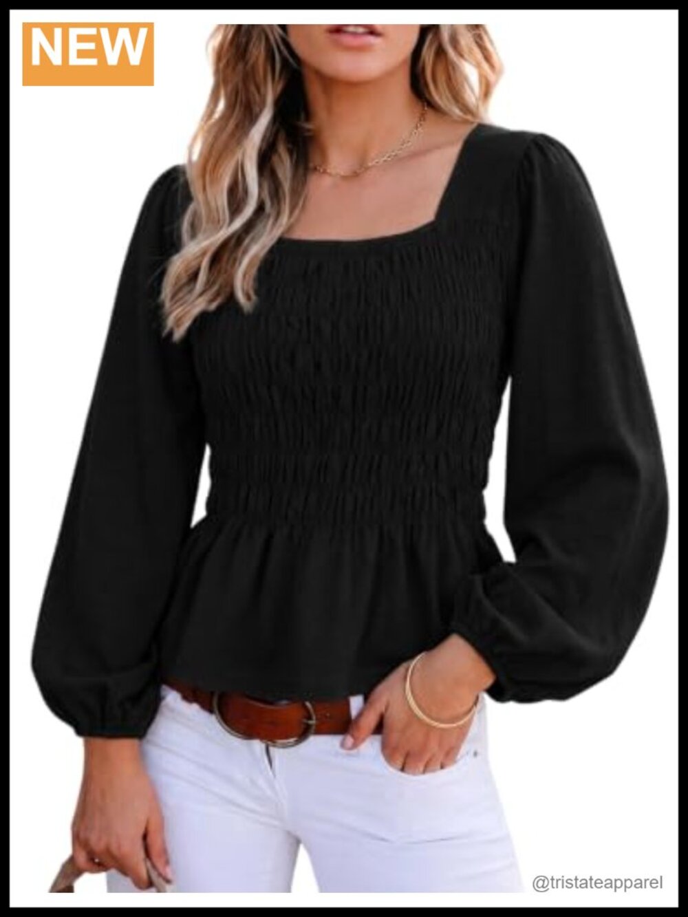 Women Square Neck Smocked Long Sleeve Peplum Top Blouse Cotton Spandex